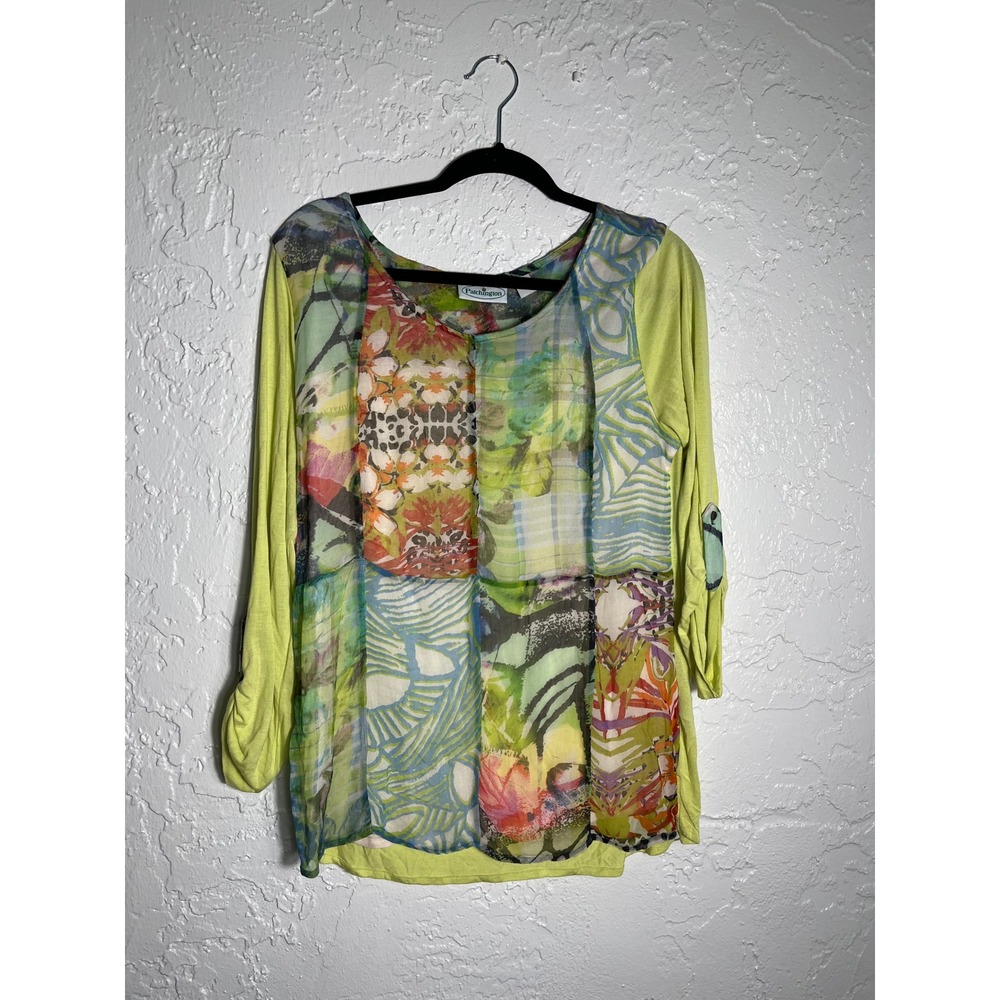 Patchington Women's M Lime Green Patchwork Sheer Layered Tunic Top Artsy Boho